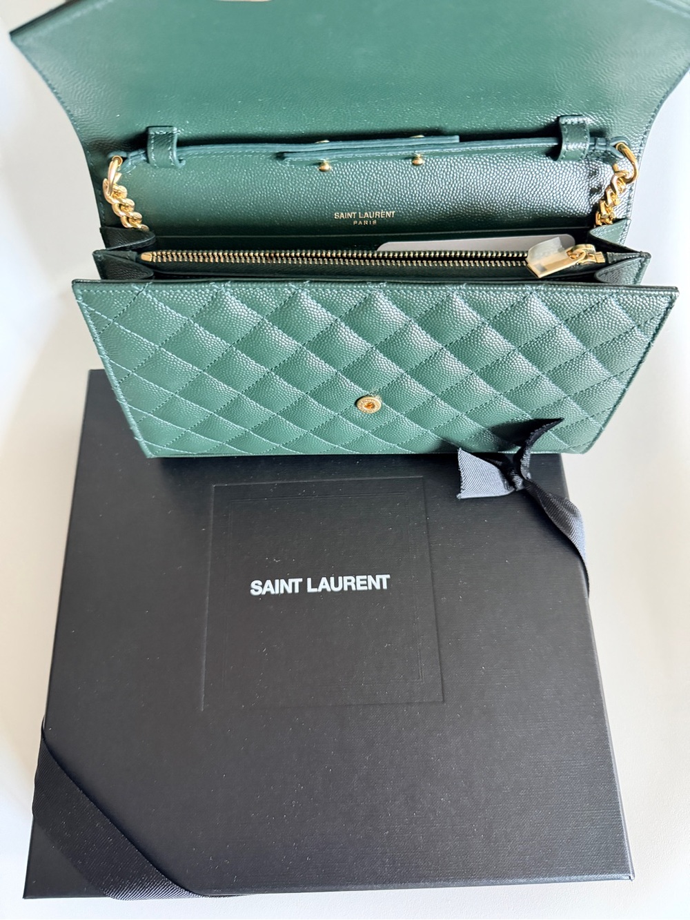 Saint Laurent Green Quilted Chevron Leather Wallet with Gold YSL Logo - Picture 3 of 5